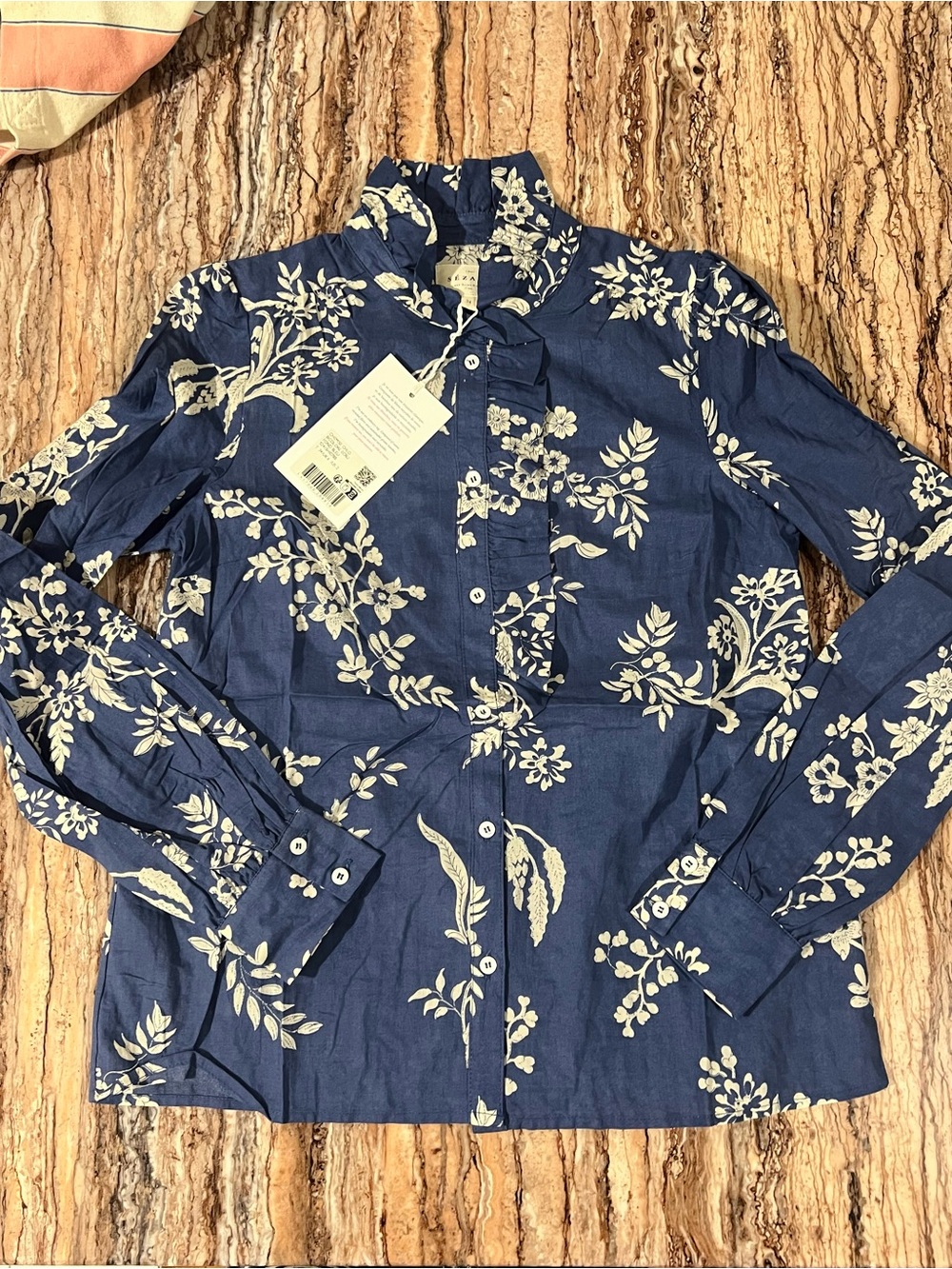 Sezane Navy and Cream Floral Button-Down Shirt